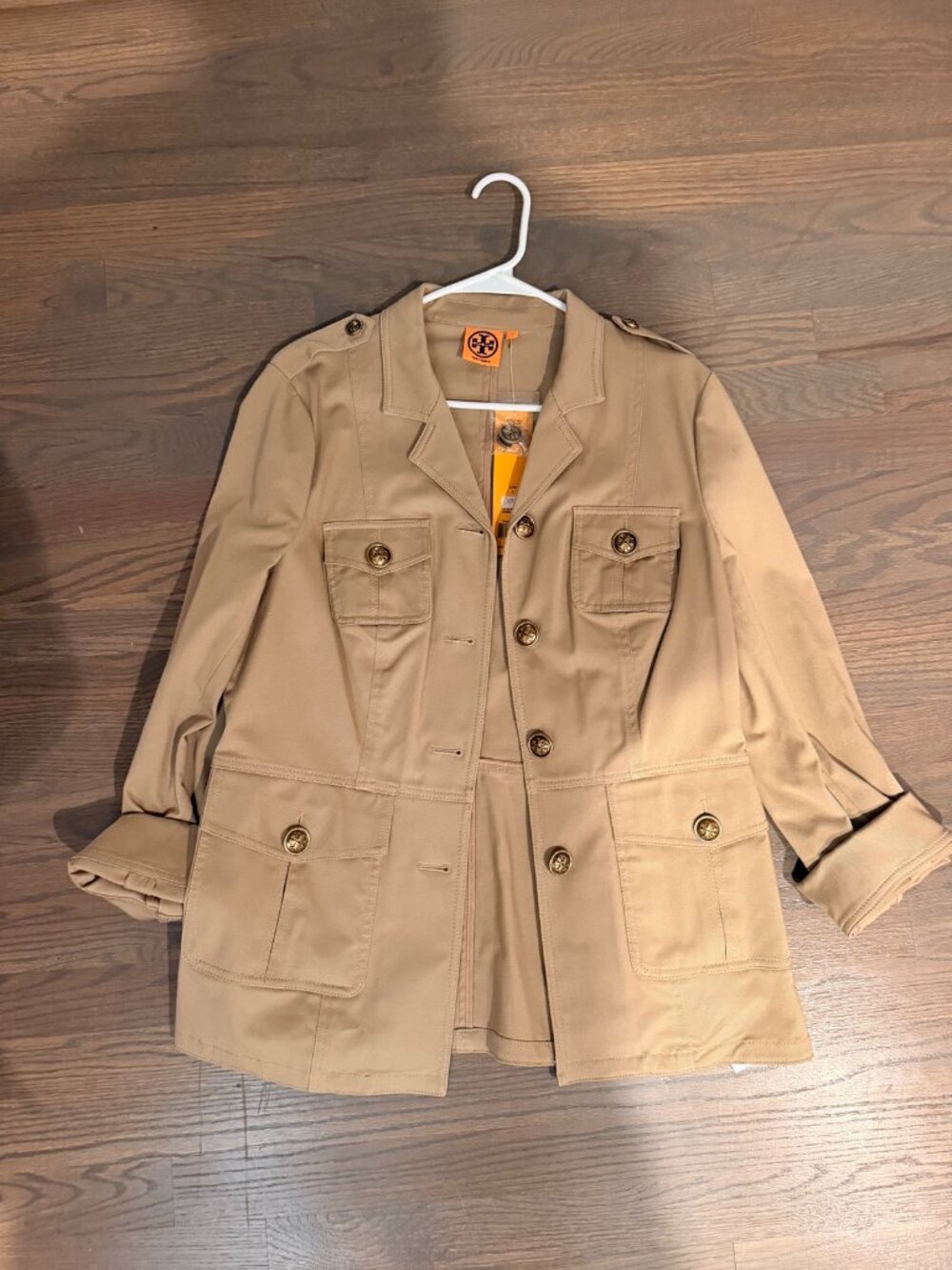 Tory Burch Trench Coat NWT Italian Khaki Gold Logo Button Safari Jacket L "Owen"